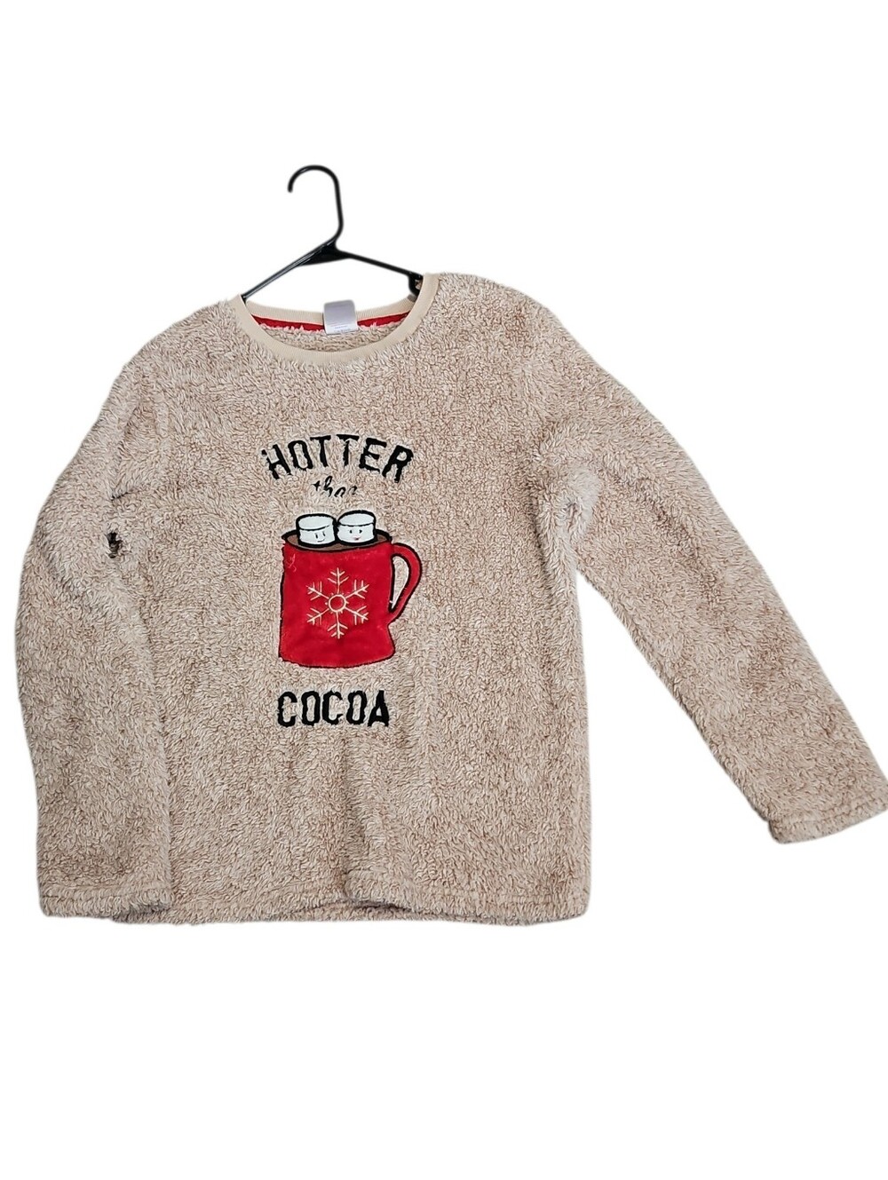 Cozy Womens Tan Fleece Pajama Shirt with Red Mug Design Size Large